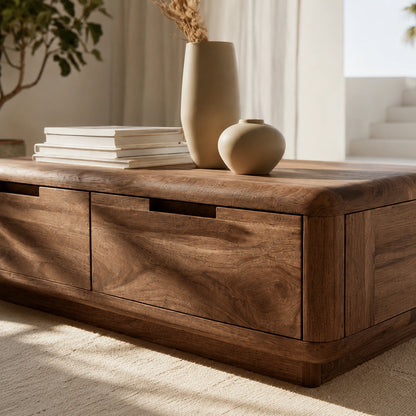 Natural Solid Wood Coffee Table – Rounded Modern Storage Style - Livewoodcraft - 5