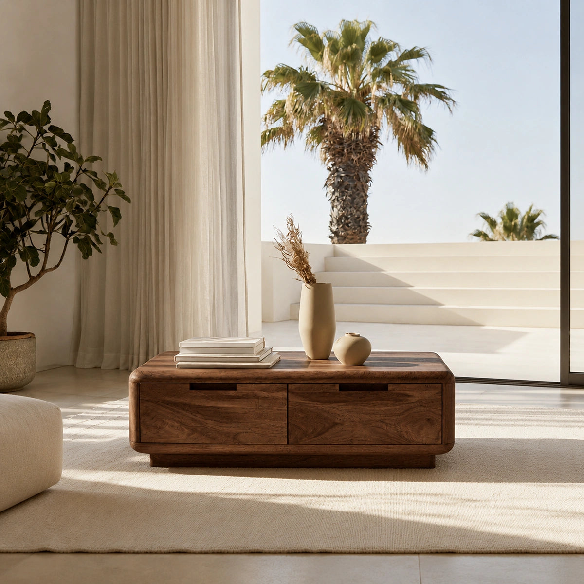 Natural Solid Wood Coffee Table – Rounded Modern Storage Style - Livewoodcraft - 6