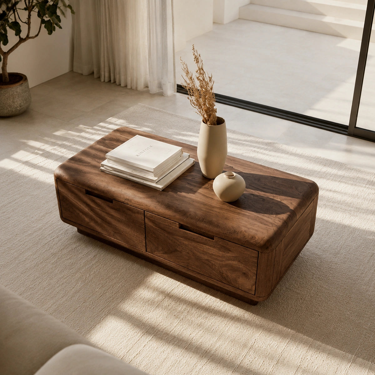 Natural Solid Wood Coffee Table – Rounded Modern Storage Style - Livewoodcraft - 7