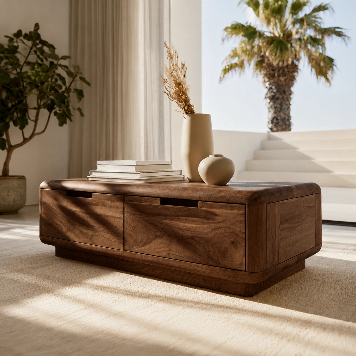 Natural Solid Wood Coffee Table – Rounded Modern Storage Style - Livewoodcraft - 8