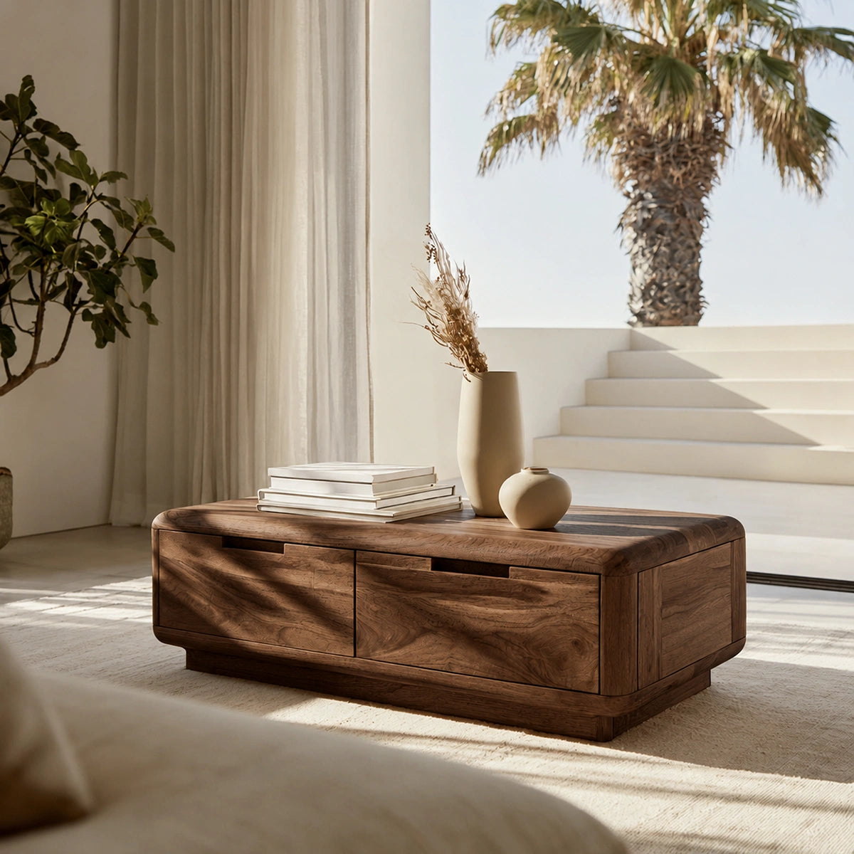 Natural Solid Wood Coffee Table – Rounded Modern Storage Style - Livewoodcraft
