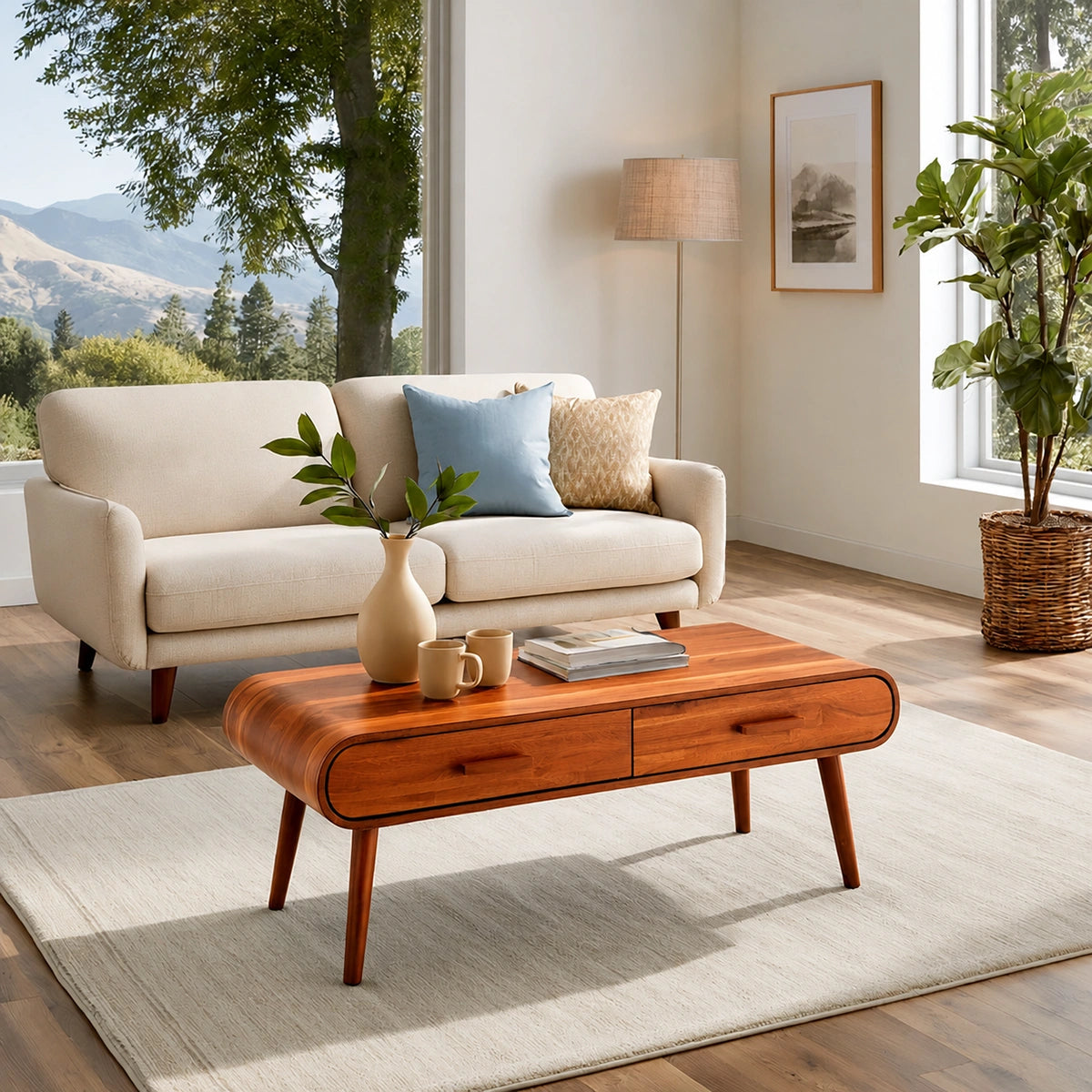 Natural Solid Wood Coffee Table with 2 Drawers – Mid-Century Modern Style - Livewoodcraft - 2