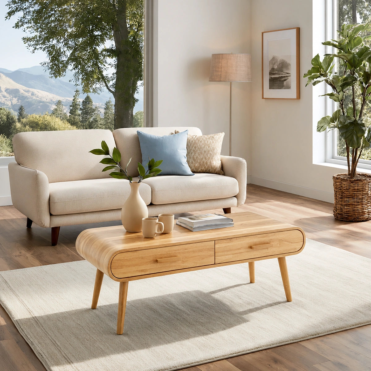 Natural Solid Wood Coffee Table with 2 Drawers – Mid-Century Modern Style - Livewoodcraft - 3