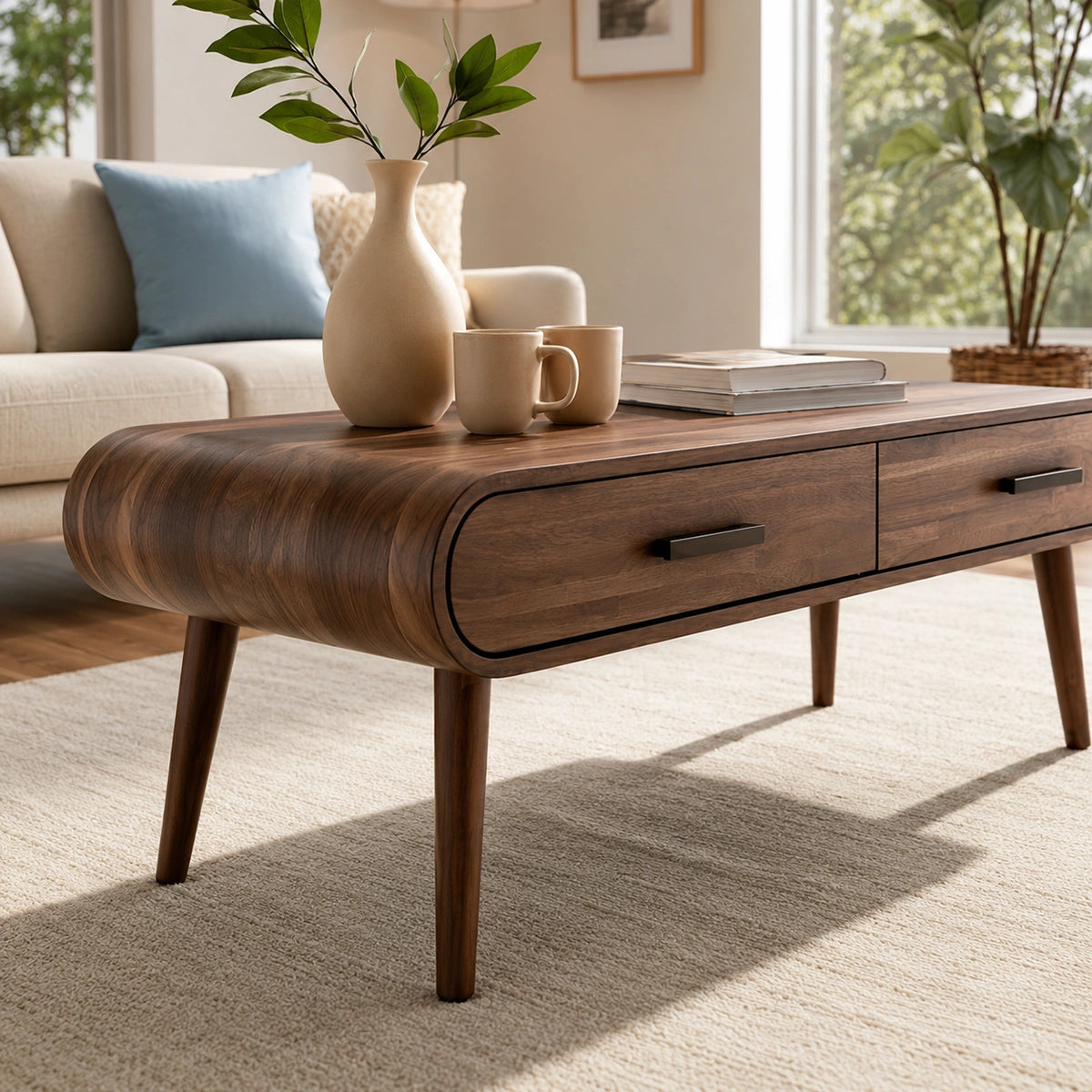 Natural Solid Wood Coffee Table with 2 Drawers – Mid-Century Modern Style - Livewoodcraft - 5