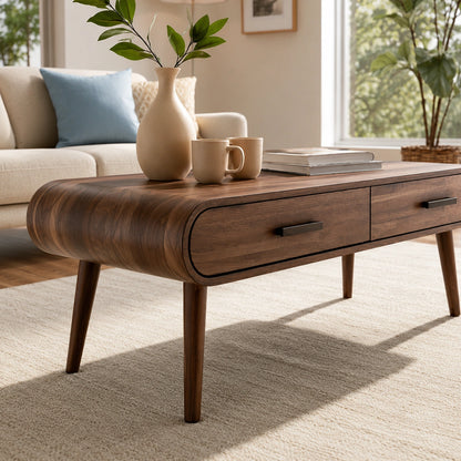 Natural Solid Wood Coffee Table with 2 Drawers – Mid-Century Modern Style - Livewoodcraft - 5