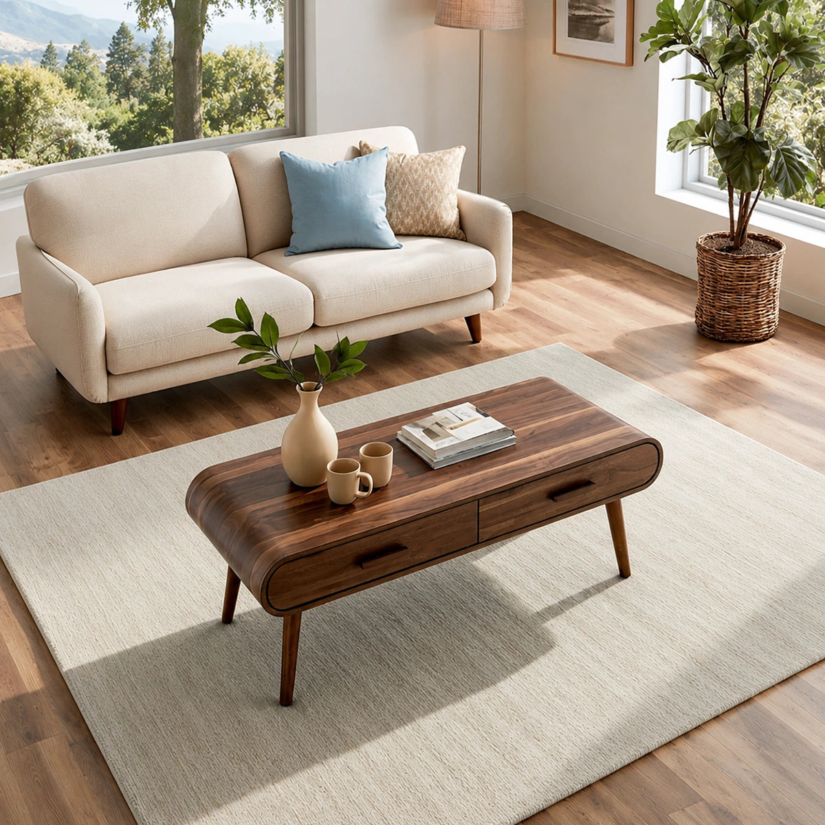 Natural Solid Wood Coffee Table with 2 Drawers – Mid-Century Modern Style - Livewoodcraft - 7