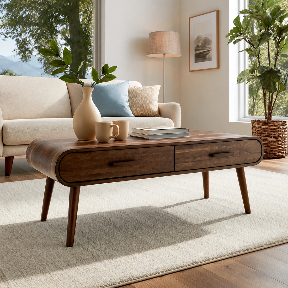 Natural Solid Wood Coffee Table with 2 Drawers – Mid-Century Modern Style - Livewoodcraft - 8