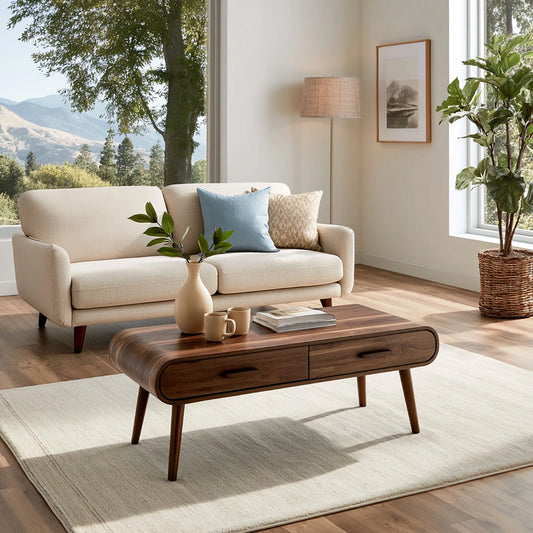 Natural Solid Wood Coffee Table with 2 Drawers – Mid-Century Modern Style - Livewoodcraft