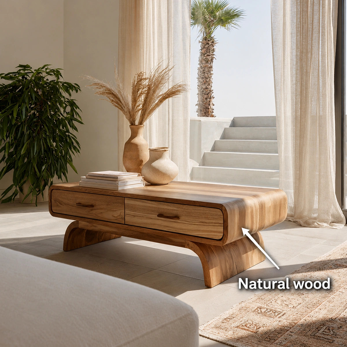 Natural Solid Wood Coffee Table with 2 Drawers – Rounded Japandi Style - Livewoodcraft - 10