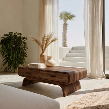Natural Solid Wood Coffee Table with 2 Drawers – Rounded Japandi Style - Livewoodcraft - 2