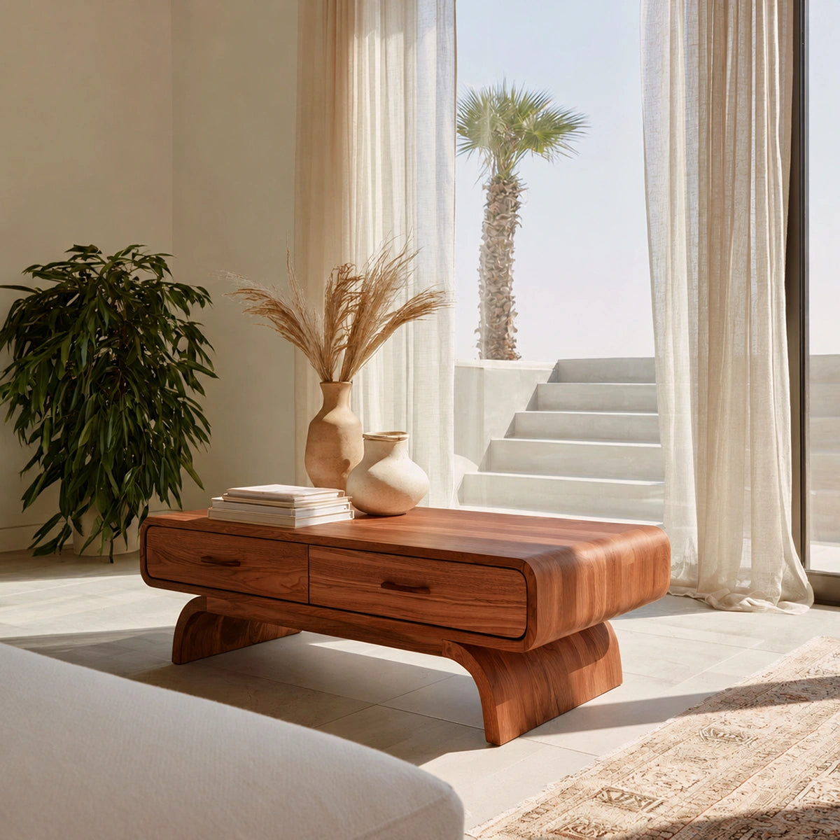 Natural Solid Wood Coffee Table with 2 Drawers – Rounded Japandi Style - Livewoodcraft - 3