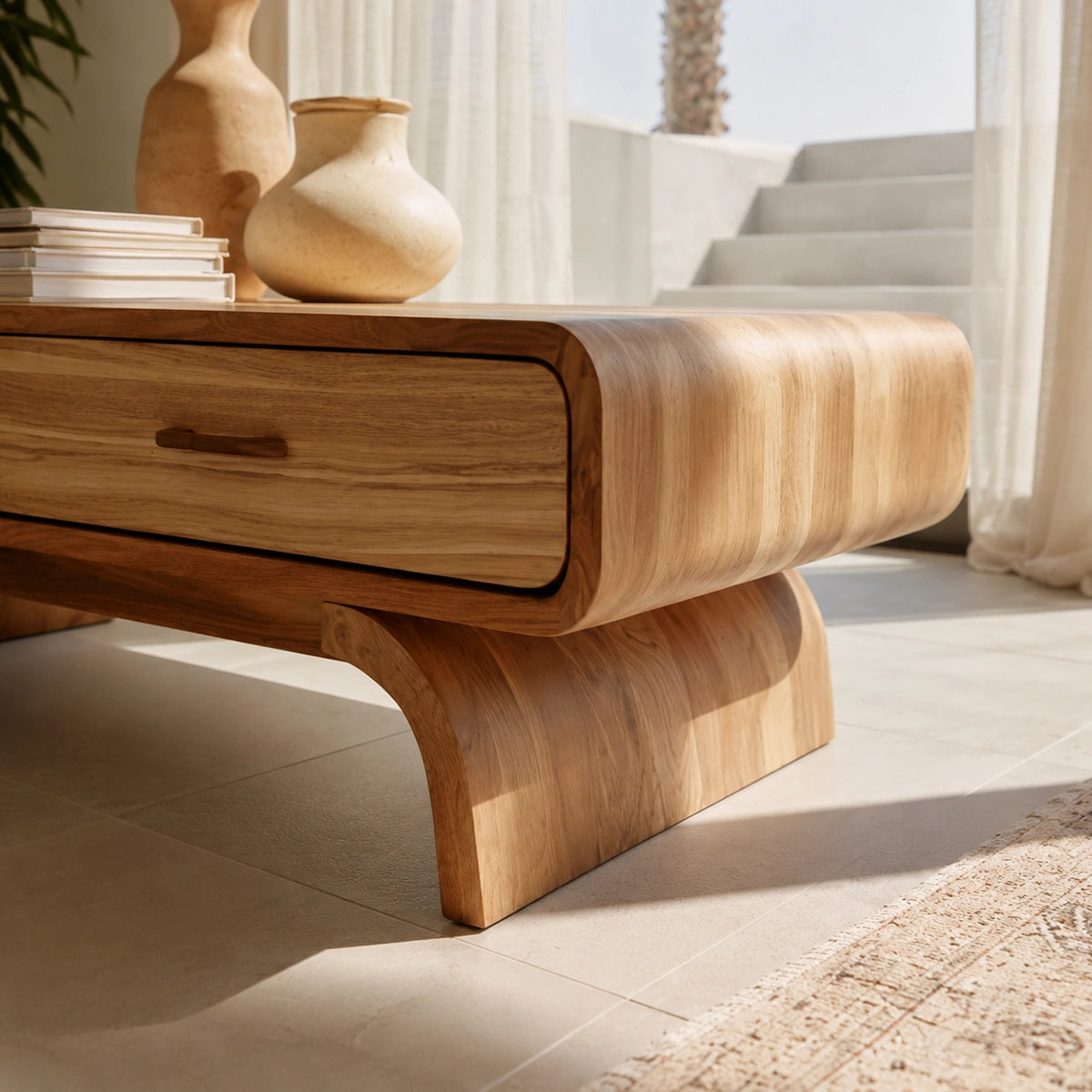Natural Solid Wood Coffee Table with 2 Drawers – Rounded Japandi Style - Livewoodcraft - 5