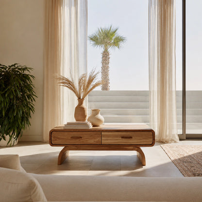 Natural Solid Wood Coffee Table with 2 Drawers – Rounded Japandi Style - Livewoodcraft - 6
