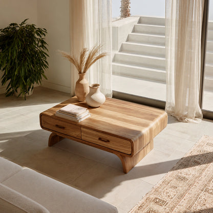 Natural Solid Wood Coffee Table with 2 Drawers – Rounded Japandi Style - Livewoodcraft - 7