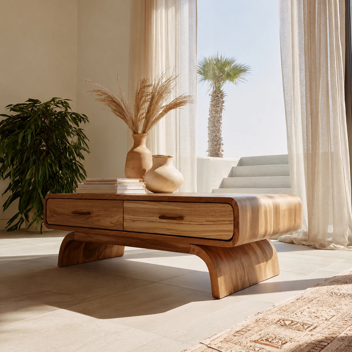 Natural Solid Wood Coffee Table with 2 Drawers – Rounded Japandi Style - Livewoodcraft - 8