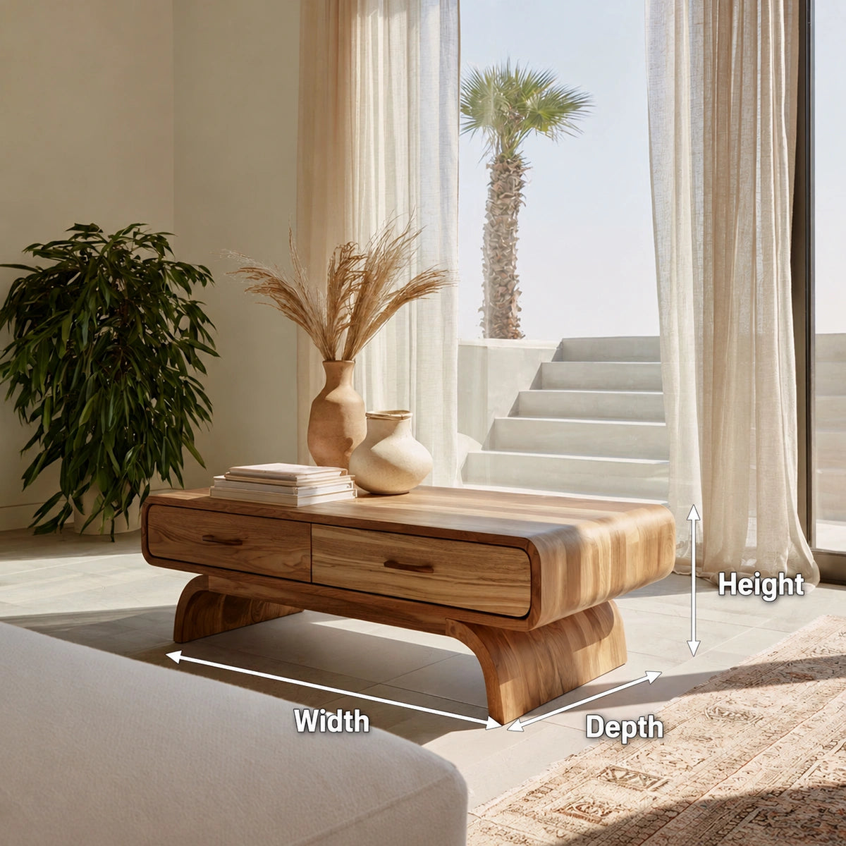 Natural Solid Wood Coffee Table with 2 Drawers – Rounded Japandi Style - Livewoodcraft - 9
