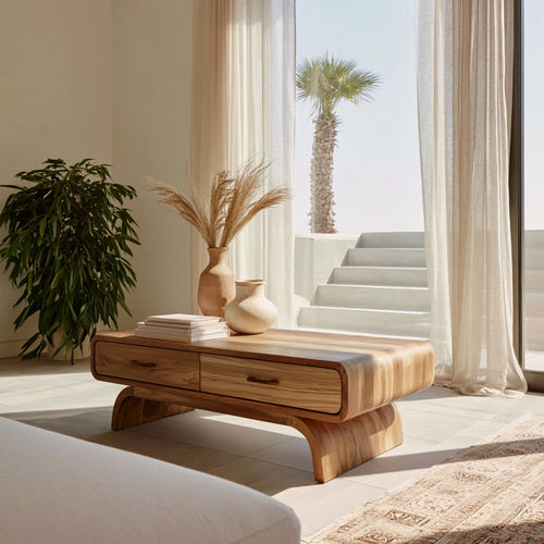 Natural Solid Wood Coffee Table with 2 Drawers – Rounded Japandi Style - Livewoodcraft
