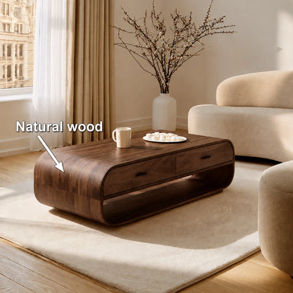Natural Solid Wood Coffee Table with 2 Drawers – Rounded Modern Style - Livewoodcraft - 10