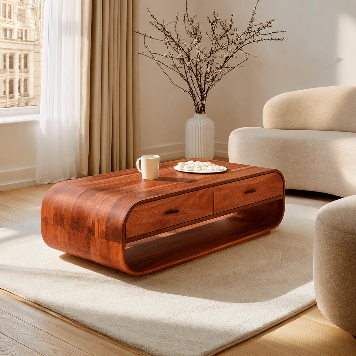 Natural Solid Wood Coffee Table with 2 Drawers – Rounded Modern Style - Livewoodcraft - 2