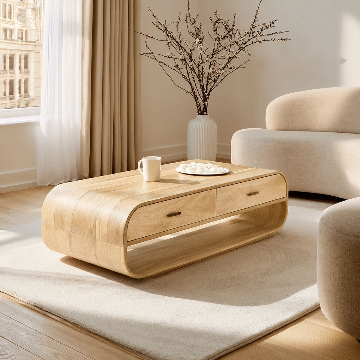 Natural Solid Wood Coffee Table with 2 Drawers – Rounded Modern Style - Livewoodcraft - 3