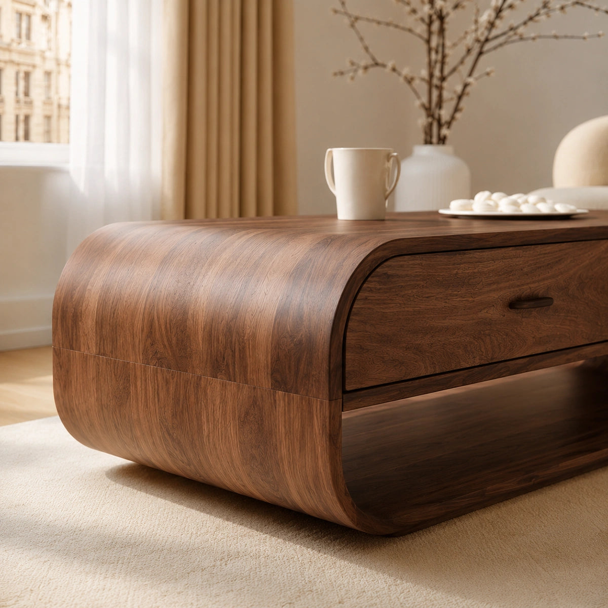 Natural Solid Wood Coffee Table with 2 Drawers – Rounded Modern Style - Livewoodcraft - 5