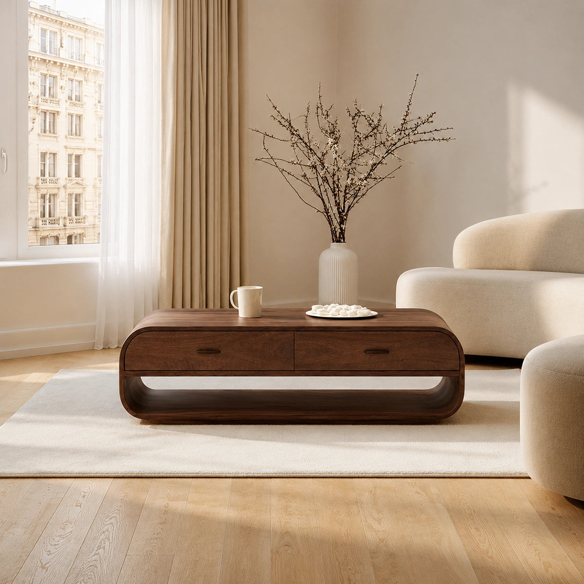 Natural Solid Wood Coffee Table with 2 Drawers – Rounded Modern Style - Livewoodcraft - 6