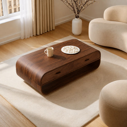 Natural Solid Wood Coffee Table with 2 Drawers – Rounded Modern Style - Livewoodcraft - 7