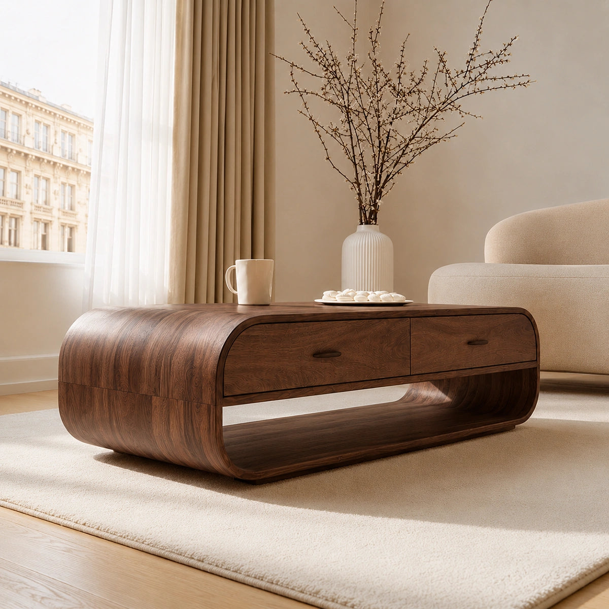 Natural Solid Wood Coffee Table with 2 Drawers – Rounded Modern Style - Livewoodcraft - 8