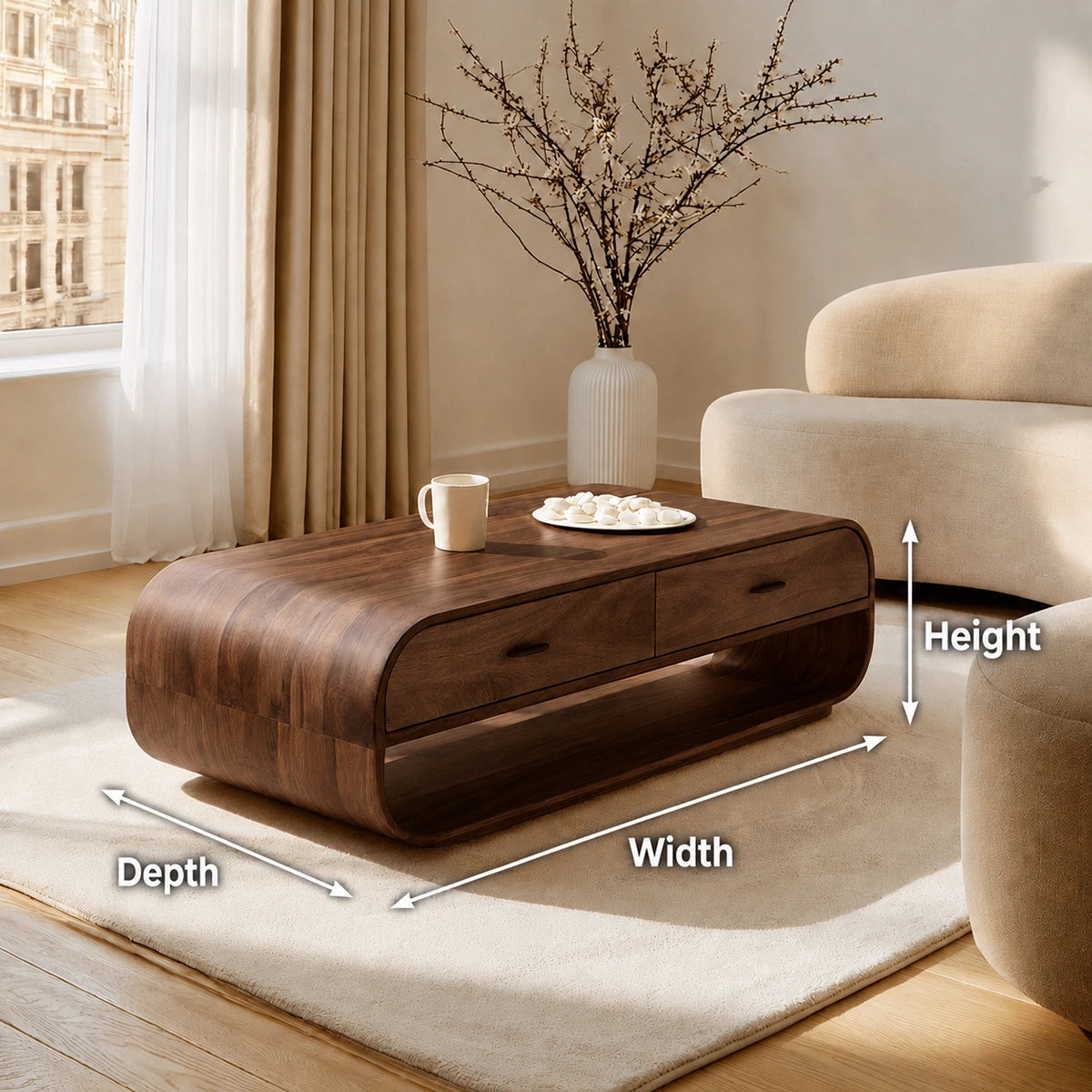 Natural Solid Wood Coffee Table with 2 Drawers – Rounded Modern Style - Livewoodcraft - 9