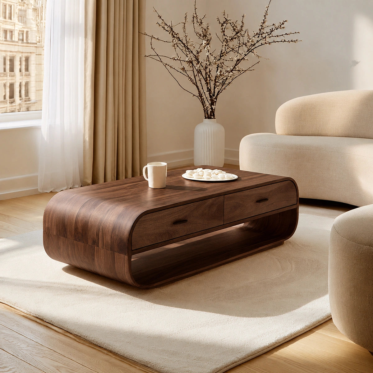 Natural Solid Wood Coffee Table with 2 Drawers – Rounded Modern Style - Livewoodcraft