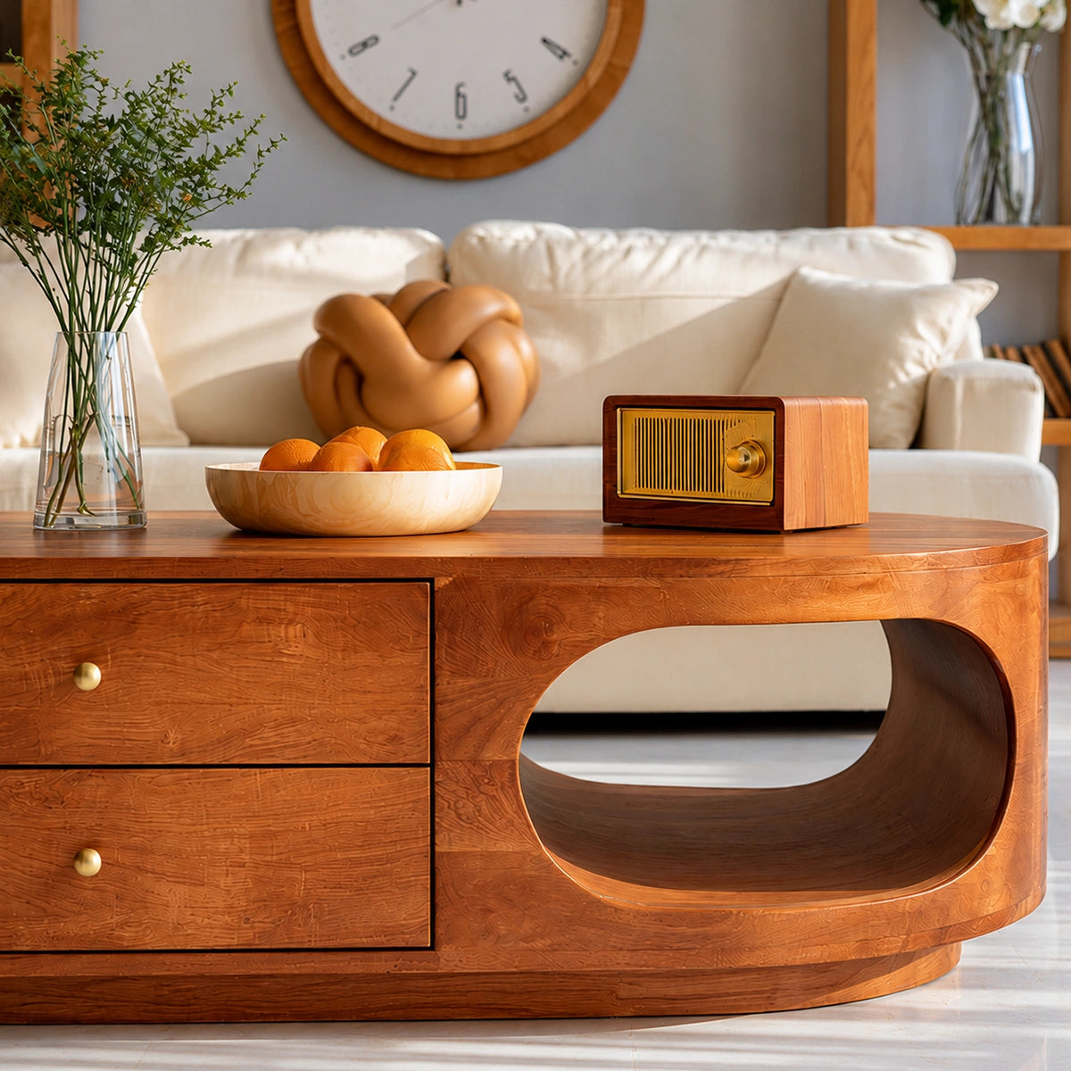 Natural Solid Wood Coffee Table with Drawers – Rounded Modern Style - Livewoodcraft - 2