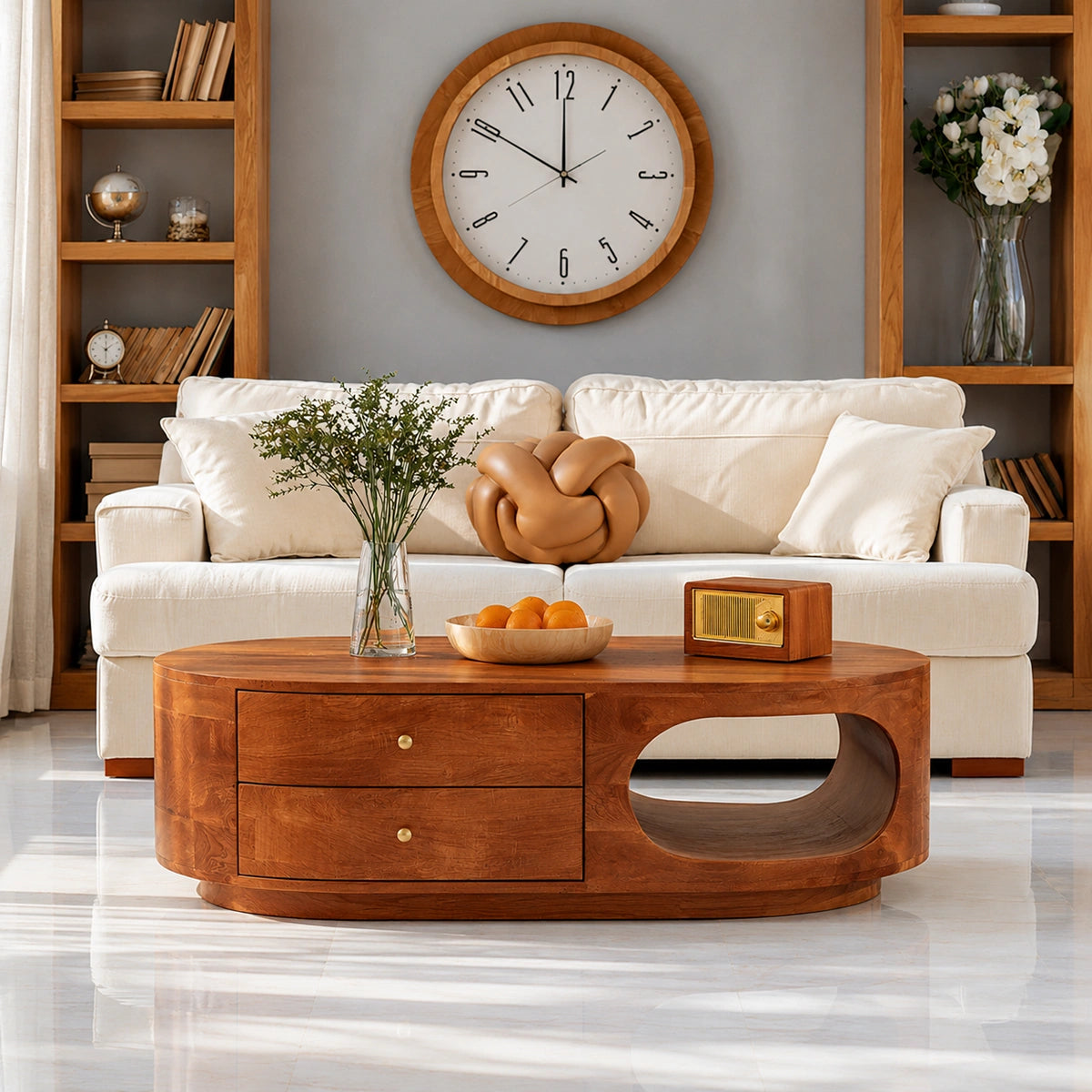 Natural Solid Wood Coffee Table with Drawers – Rounded Modern Style - Livewoodcraft - 3