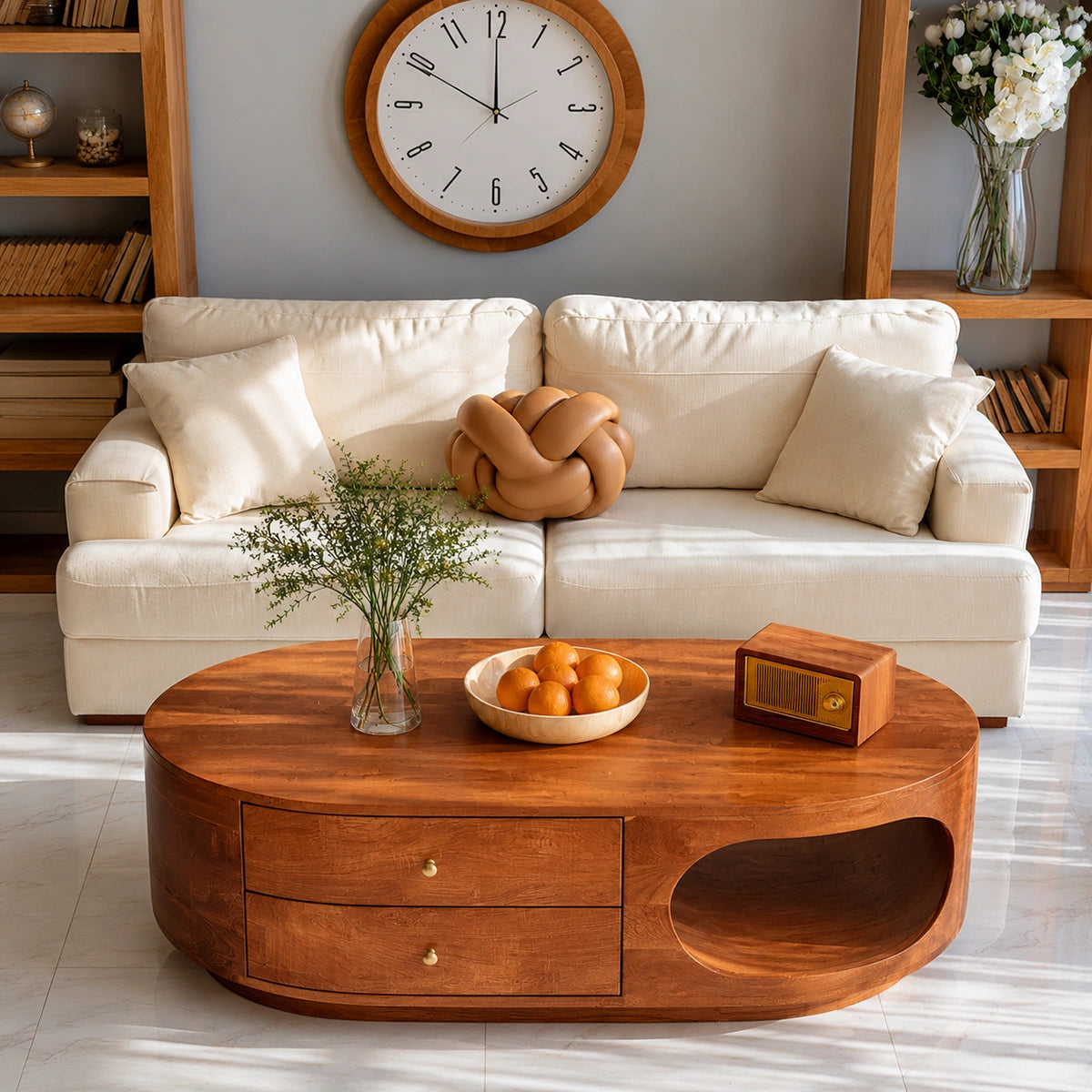 Natural Solid Wood Coffee Table with Drawers – Rounded Modern Style - Livewoodcraft - 4