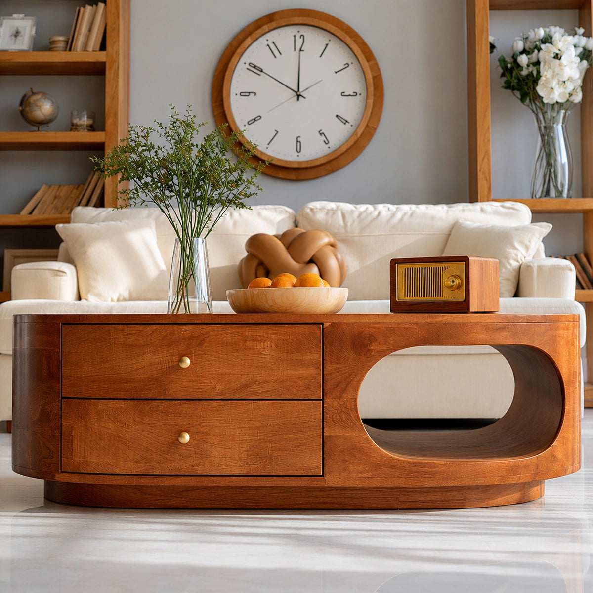 Natural Solid Wood Coffee Table with Drawers – Rounded Modern Style - Livewoodcraft - 5