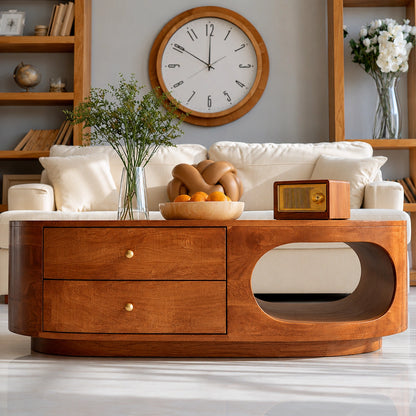 Natural Solid Wood Coffee Table with Drawers – Rounded Modern Style - Livewoodcraft - 5