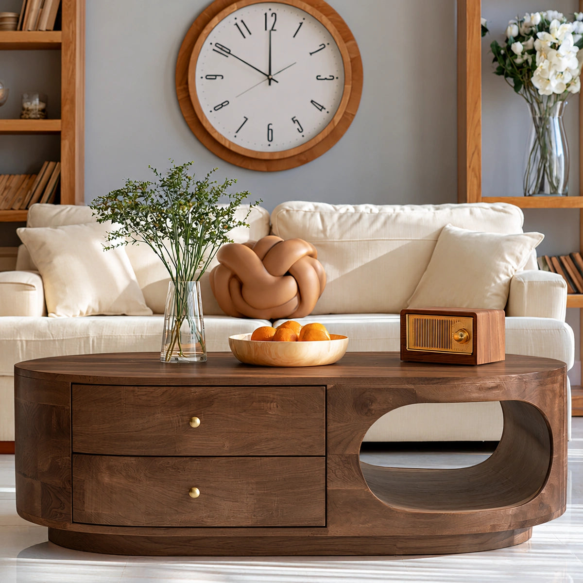 Natural Solid Wood Coffee Table with Drawers – Rounded Modern Style - Livewoodcraft - 6