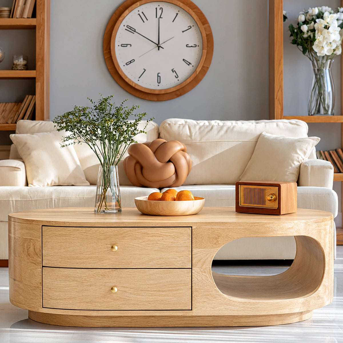 Natural Solid Wood Coffee Table with Drawers – Rounded Modern Style - Livewoodcraft - 7