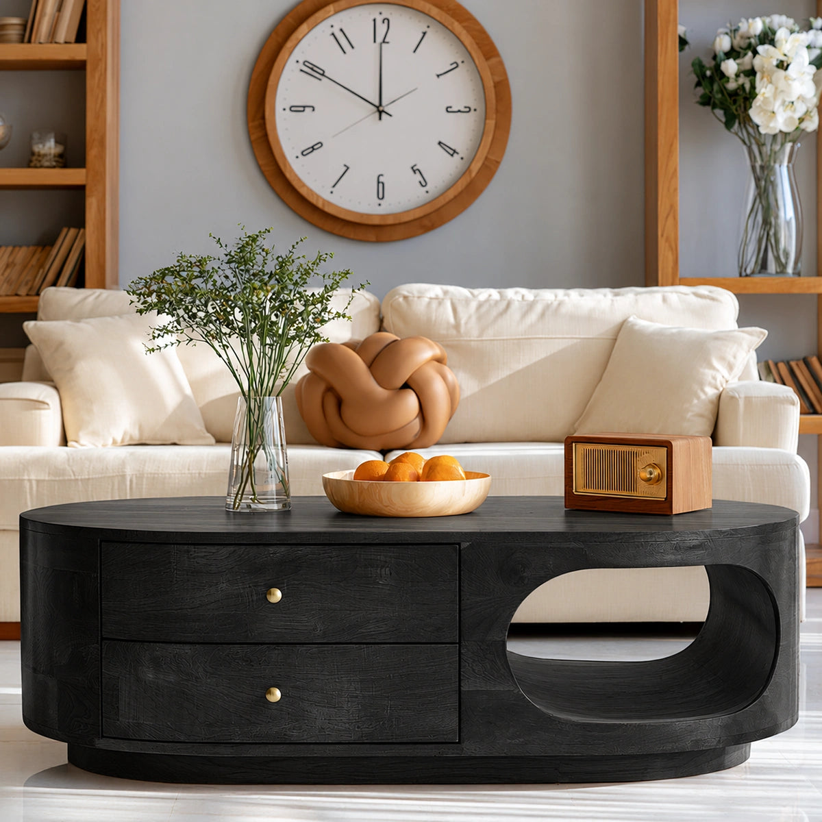 Natural Solid Wood Coffee Table with Drawers – Rounded Modern Style - Livewoodcraft - 8