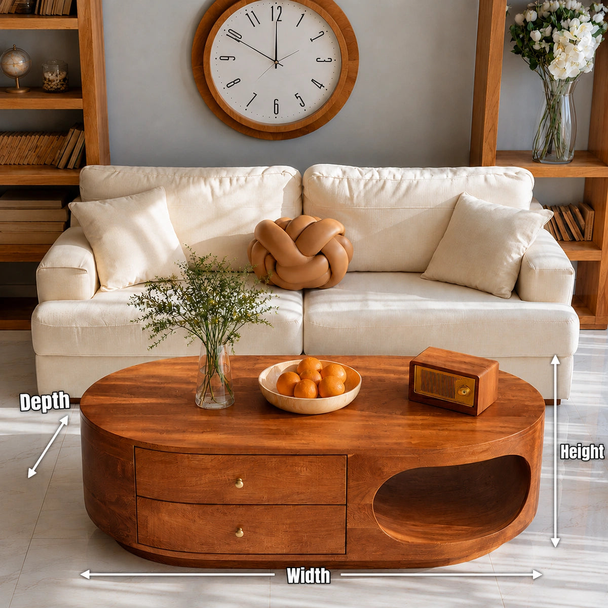 Natural Solid Wood Coffee Table with Drawers – Rounded Modern Style - Livewoodcraft - 9