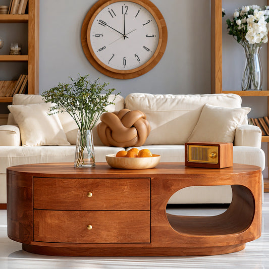 Natural Solid Wood Coffee Table with Drawers – Rounded Modern Style - Livewoodcraft