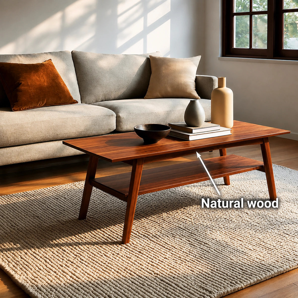 Natural Solid Wood Coffee Table with Lower Shelf and Tapered Legs - Livewoodcraft - 10