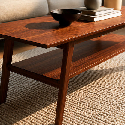 Natural Solid Wood Coffee Table with Lower Shelf and Tapered Legs - Livewoodcraft - 2