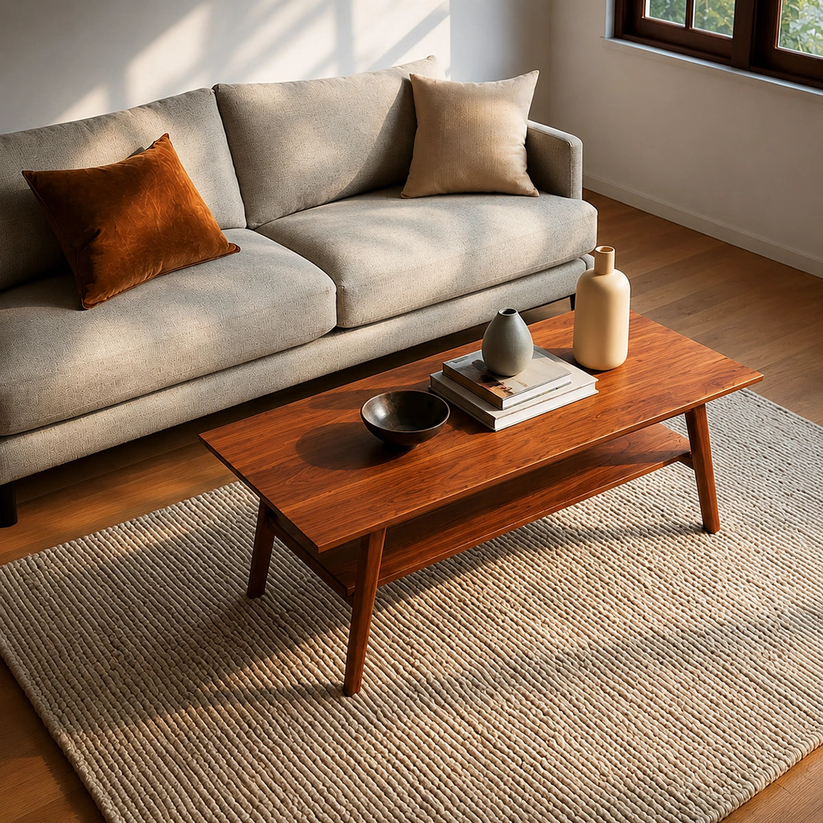 Natural Solid Wood Coffee Table with Lower Shelf and Tapered Legs - Livewoodcraft - 3