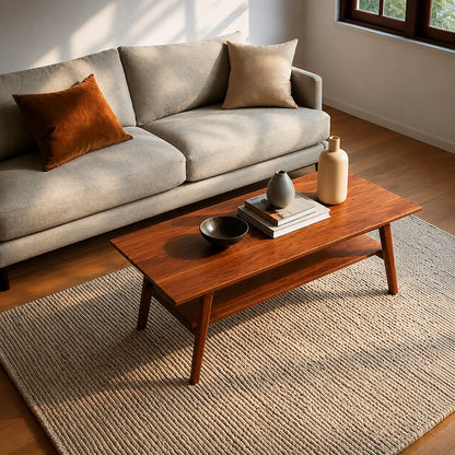 Natural Solid Wood Coffee Table with Lower Shelf and Tapered Legs - Livewoodcraft - 3