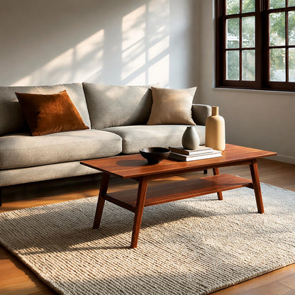 Natural Solid Wood Coffee Table with Lower Shelf and Tapered Legs - Livewoodcraft - 4