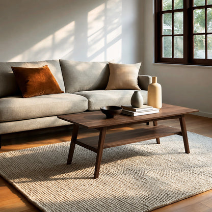 Natural Solid Wood Coffee Table with Lower Shelf and Tapered Legs - Livewoodcraft - 6