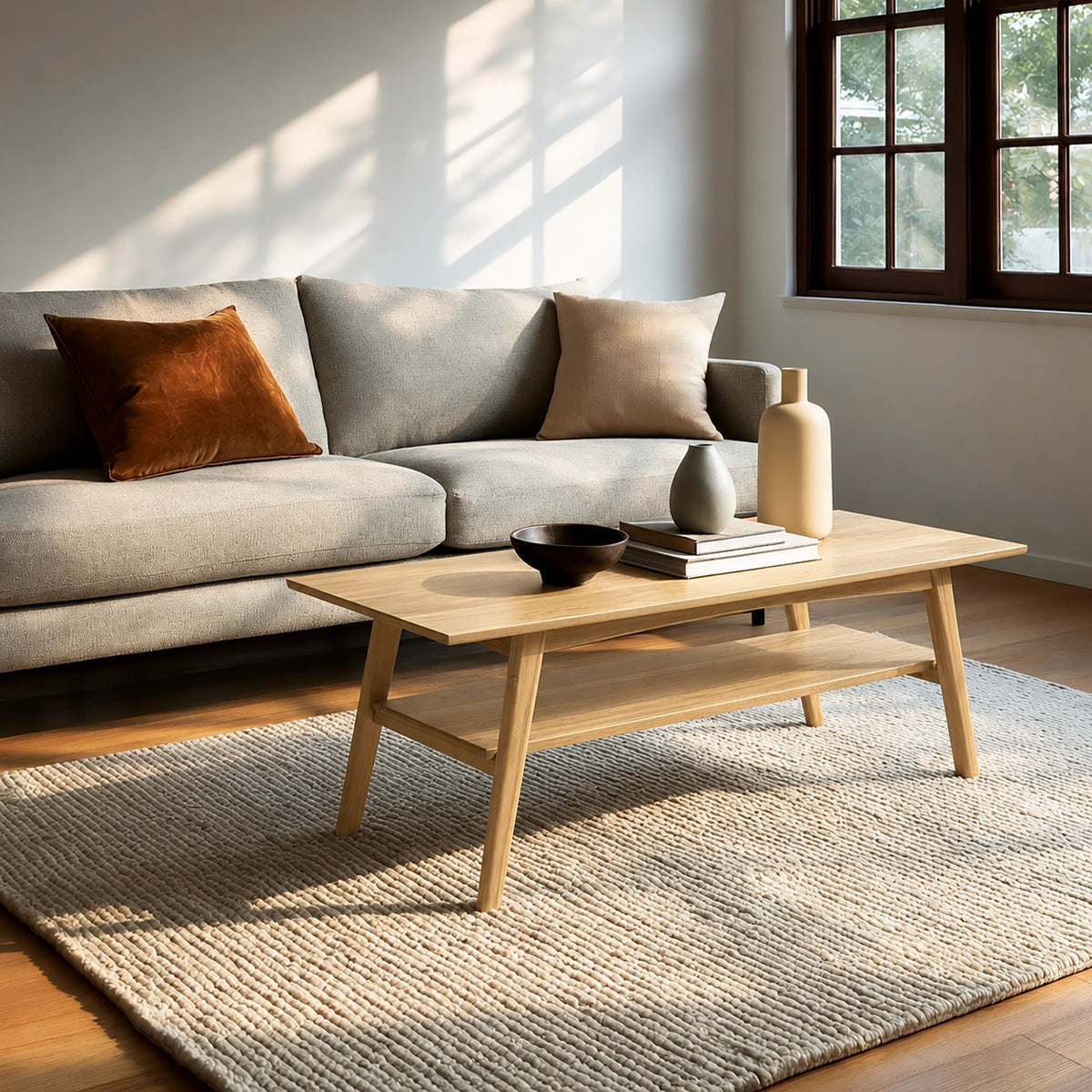 Natural Solid Wood Coffee Table with Lower Shelf and Tapered Legs - Livewoodcraft - 7