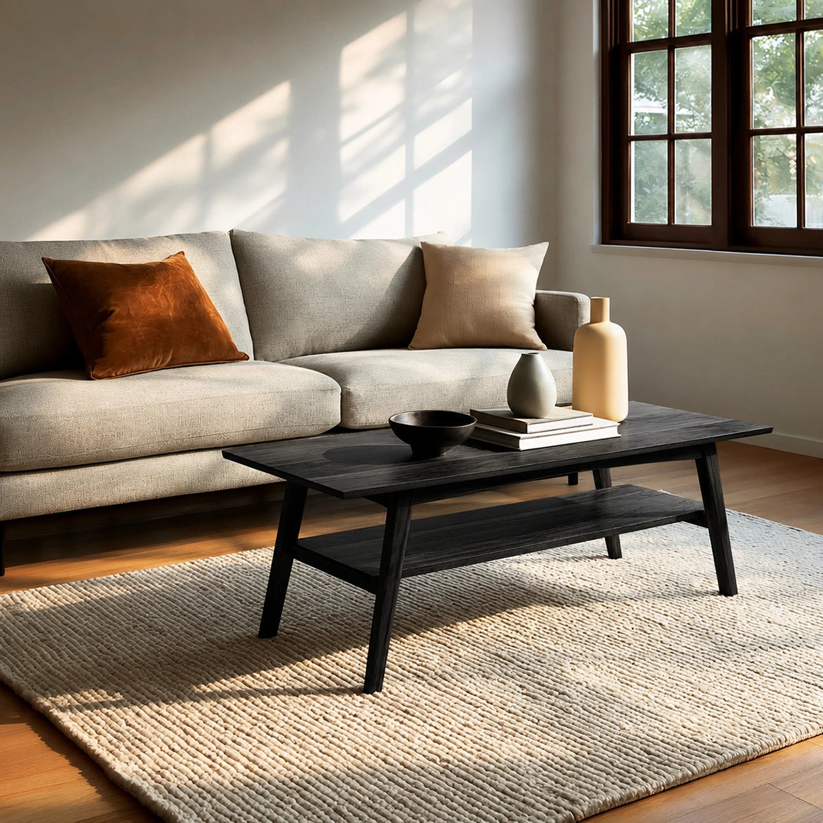 Natural Solid Wood Coffee Table with Lower Shelf and Tapered Legs - Livewoodcraft - 8