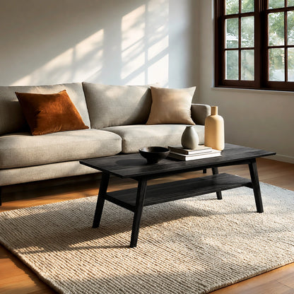 Natural Solid Wood Coffee Table with Lower Shelf and Tapered Legs - Livewoodcraft - 8