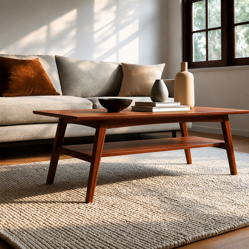 Natural Solid Wood Coffee Table with Lower Shelf and Tapered Legs - Livewoodcraft